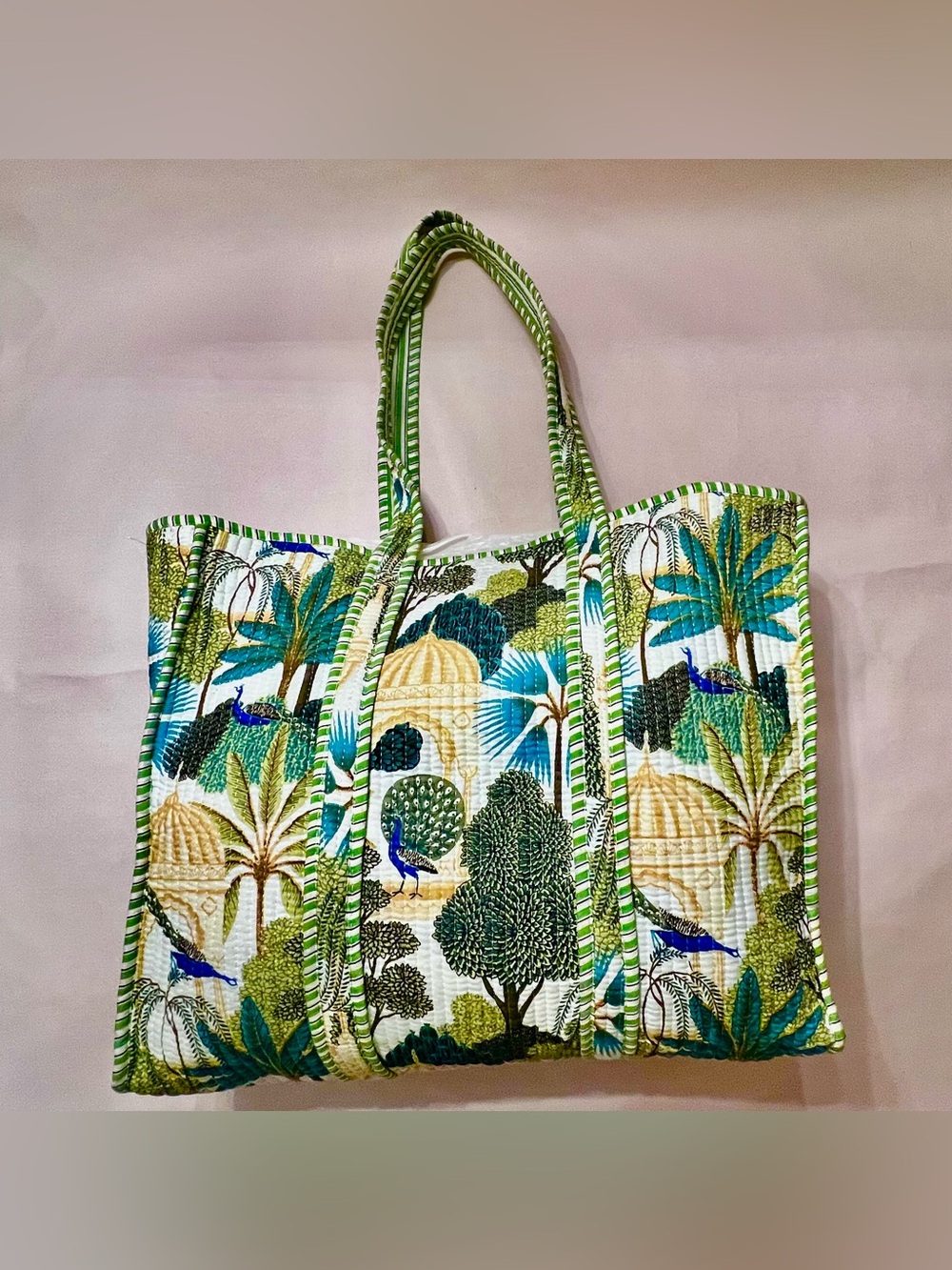 Green Quilted Tote Gazebo Peacock Print Cotton Market Bag